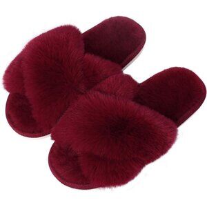 Women's Red Fuzzy Cross Band Memory Foam Open-Toe House Slippers